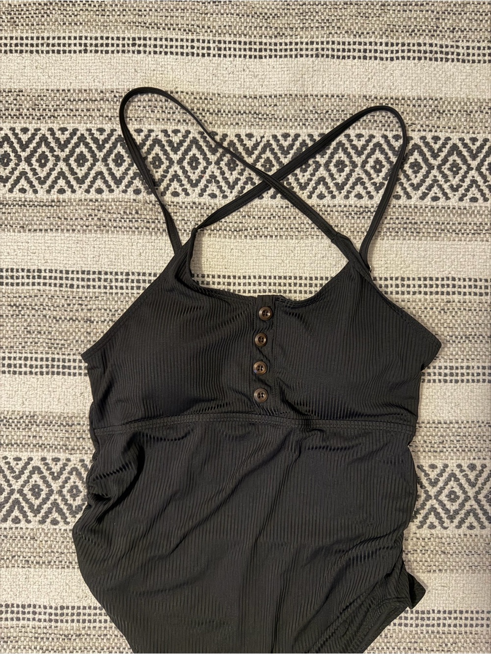 Maternity Black Ribbed One-Piece Swimsuit with Button Accent